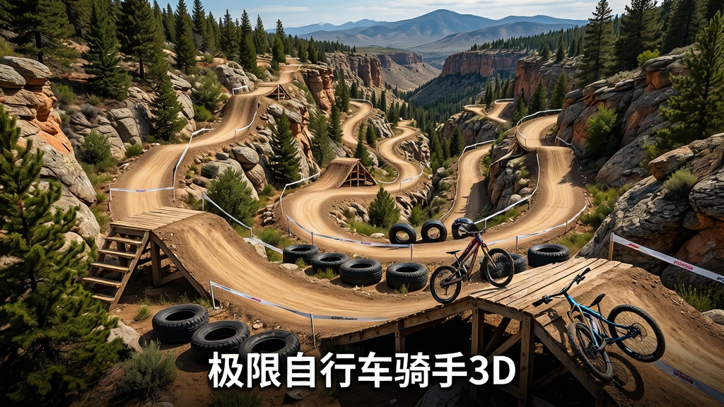 主体:一条蜿蜒曲折的极限自行车赛道,穿过岩石峡谷,赛道上有木质跳台和轮胎障碍。布局:俯瞰视角,赛道从画面底部延伸至远方。排版:全景构图,展示赛道全貌和周围环境。风格:写实风格,色彩浓郁,光线自然。细节:赛道表面纹理、路旁树木、远处山峦清晰可见。画质:高清,干净,无多余元素。文字:“极限自行车骑手3D”置于画面底部中央。