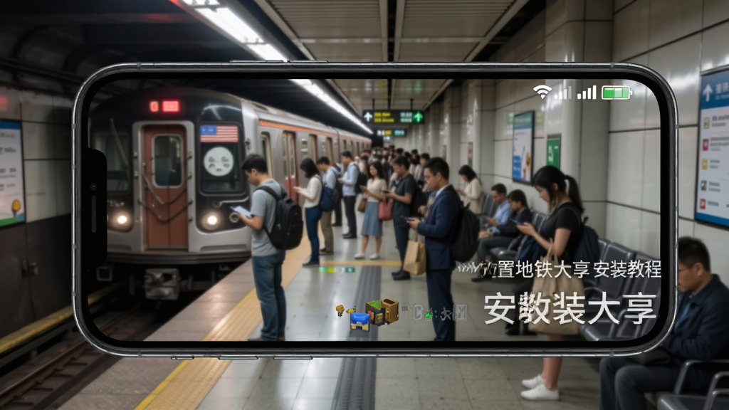 手机屏幕显示游戏运行画面,背景是繁忙的地铁站台,列车进站,乘客上下,屏幕右上角显示网络信号与电量,画面采用写实风格,细节丰富,干净无多余元素,画质高清,图片标注“放置地铁大亨 安装教程”