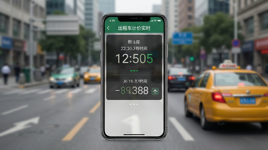 主体为一部智能手机屏幕显示出租车计价实时软件界面,界面中有清晰的里程、等待时间与金额数字,背景为模糊的城市街道与行驶中的出租车,布局采用中心构图,排版简洁,风格写实现代,细节包括屏幕上的“出租车计价实时”文字与模拟计价数字,画质高清干净,无多余元素。