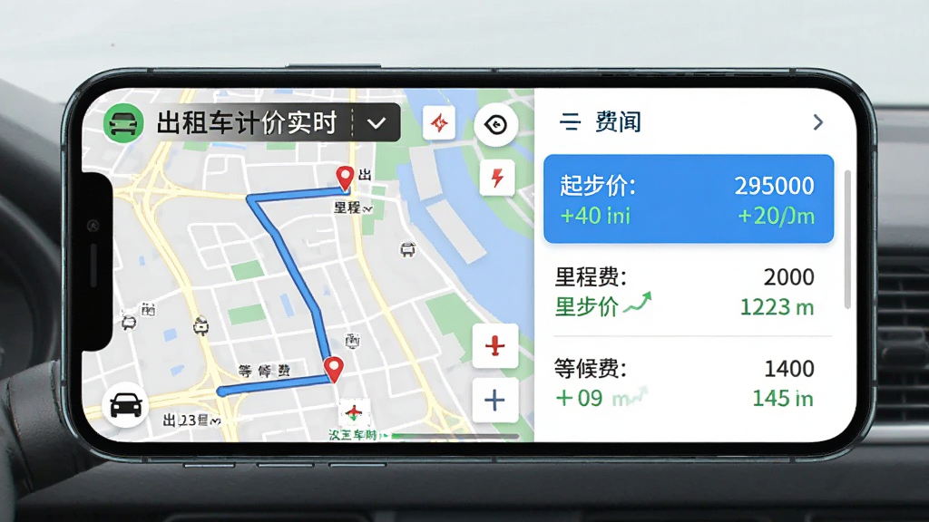 主体为手机横屏界面展示出租车计价实时软件,左侧为地图路线,右侧为费用明细列表,包括起步价、里程费、等候费,布局左右分栏,排版清晰,风格扁平化设计,细节突出“出租车计价实时”品牌标识与数据更新动画,画质干净明亮,无多余元素。