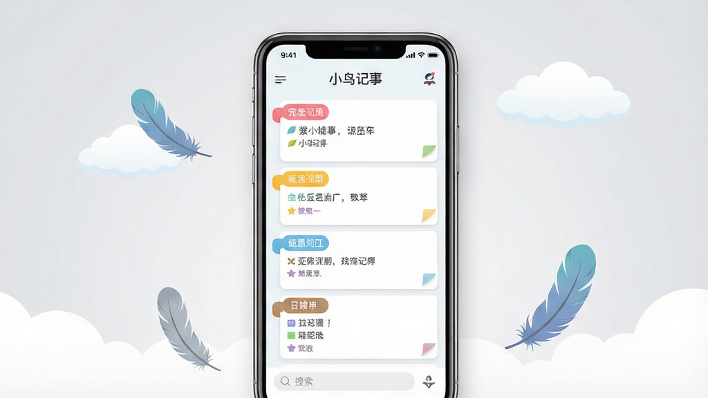 主体:手机屏幕展示小鸟记事app界面,上方有“小鸟记事”字样,界面简洁,包含彩色便签列表。布局:手机居中,背景为浅灰色渐变,周围有羽毛和云朵装饰。排版:手机屏幕清晰显示笔记卡片,有不同颜色标签分类。风格:扁平化,清新自然,色彩明亮。细节:界面图标精致,文字清晰可见,左下角有搜索框。画质:高清,干净,无多余元素。