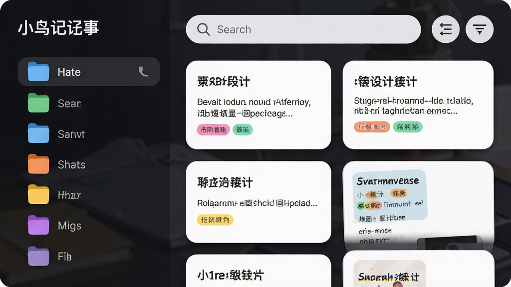 主体:小鸟记事应用笔记分类界面,展示文件夹和标签。布局:左侧为文件夹列表,右侧为笔记卡片墙,顶部有搜索栏和筛选按钮。排版:文件夹以彩色图标区分,笔记卡片显示标题和摘要,标签以彩色小圆点显示。风格:现代简约,信息层次分明。细节:搜索栏有放大镜图标,卡片有圆角和阴影。画质:高清,干净,无多余元素。