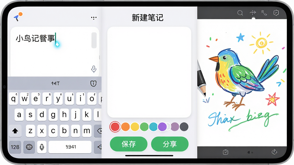 主体:小鸟记事应用快速记录界面,显示键盘输入和手绘笔迹。布局:左侧为文字输入区域,右侧为手绘画布,下方有颜色选择器。排版:顶部有“新建笔记”标题,中间为空白编辑区,底部有保存和分享按钮。风格:简洁明亮,圆角卡片设计。细节:手绘线条流畅,颜色鲜艳,文字输入有光标闪烁。画质:高清,干净,无多余元素。