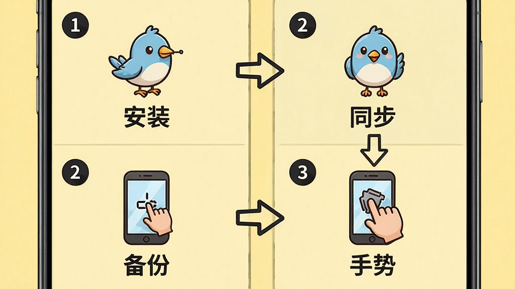 主体:手机屏幕展示小鸟记事使用指南,分为安装、同步、备份、手势四部分。布局:四宫格形式,每格有图标和文字说明。排版:图标为卡通风格,文字简洁。风格:教学风格,背景为淡黄色。细节:每格有数字序号,箭头指示操作步骤。画质:高清,干净,无多余元素。