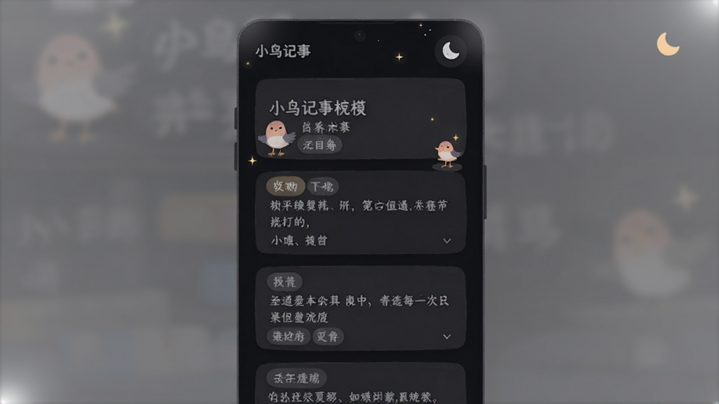 主体:小鸟记事应用夜间模式界面,深色背景,笔记卡片为暗色。布局:全屏显示笔记列表,右上角有月亮图标。排版:文字为浅灰色,标签颜色柔和。风格:暗色系,柔和,护眼。细节:界面角落有微光效果,但整体保持黑暗。画质:高清,干净,无多余元素。