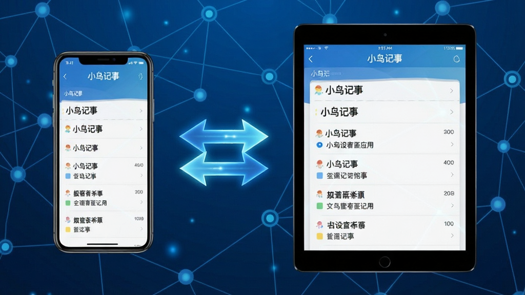 主体:小鸟记事应用跨设备同步示意图,手机和平板并列显示相同笔记内容。布局:左侧为手机,右侧为平板,中间有双向箭头连接。排版:屏幕中显示笔记列表,内容完全一致。风格:科技感,蓝色调为主,背景为网络节点图。细节:设备屏幕上有“小鸟记事”字样,箭头有发光效果。画质:高清,干净,无多余元素。