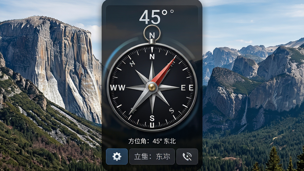 主体:指南针方位助手在户外场景下的界面截图,背景为壮丽的山脉风光。布局:屏幕中央展示动态旋转的罗盘,顶部有当前方向的度数显示,底部为功能按钮。排版:罗盘采用深色背景,刻度清晰,方向字母(N, S, E, W)醒目。风格:写实与UI结合风格,强调工具的专业性与可靠性。细节:罗盘指针带有轻微的金属质感,屏幕显示“方位角:45° 东北”,背景山脉清晰,画质细腻,干净无杂乱元素。