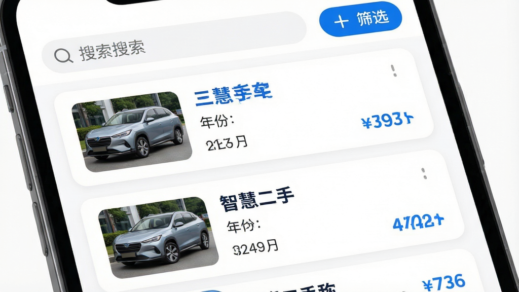主体:智慧二手车APP的“车源管理”功能界面特写。布局:界面以列表形式展示多辆二手车信息,每辆车都有缩略图、名称、年份和价格标签,顶部有搜索栏和筛选按钮。排版:信息排列整齐,左图右文,重点信息用醒目的蓝色字体标出。风格:清爽的商务风格,背景为纯白色,卡片式设计,圆角边框。细节:图片上的车辆清晰可见,文字标签内容为“智慧二手车”和具体车型信息,画质干净,无多余元素。