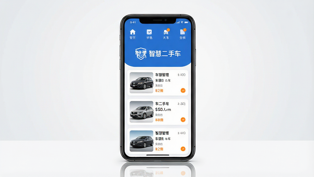 主体:智慧二手车APP的主界面展示图,画面中央是一部智能手机,屏幕内清晰显示着“智慧二手车”的Logo和车源管理列表界面。布局:手机位于视觉中心,背景为干净的浅灰色渐变,手机下方有淡淡的倒影,整体构图稳定。排版:手机屏幕内的界面元素清晰可辨,包括顶部的功能图标和下方的车辆信息卡片列表。风格:现代科技感,扁平化设计,色彩以蓝色和白色为主,辅以橙色点缀。细节:屏幕内显示“智慧二手车”字样,以及几辆不同车型的缩略图和信息条,画质高清,干净,无多余元素。