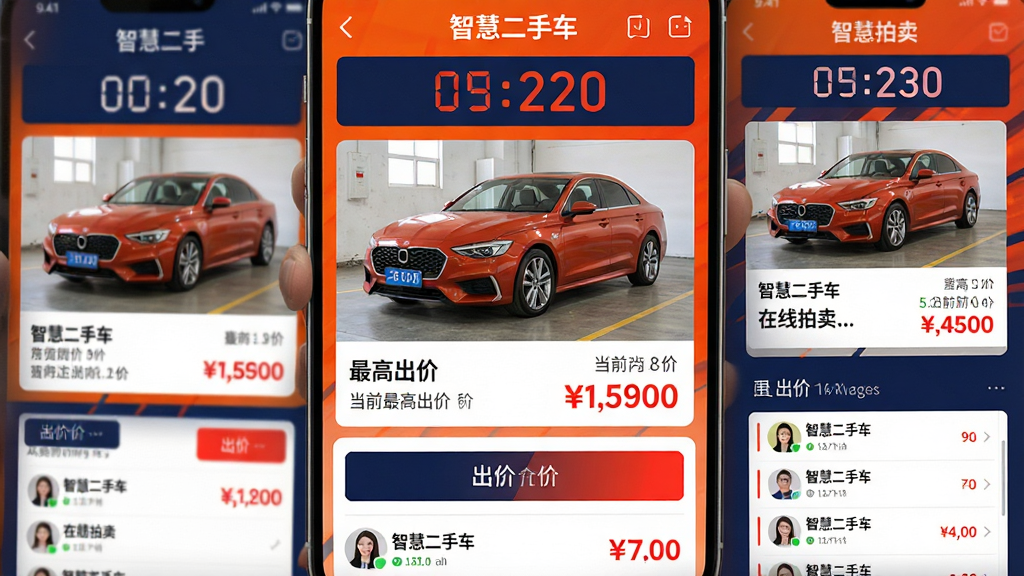 主体:智慧二手车APP的“在线拍卖”功能界面。布局:画面展示一个正在进行中的拍卖专场,顶部是拍卖倒计时,中间是车辆大图和当前最高出价,底部是出价按钮和出价记录列表。排版:信息层级分明,价格和倒计时使用醒目的红色字体。风格:充满活力的橙色与深蓝配色,营造紧张刺激的拍卖氛围。细节:屏幕中清晰显示“智慧二手车”的品牌标识,以及具体的车辆图片和价格数字,画质清晰,干净,无多余元素。