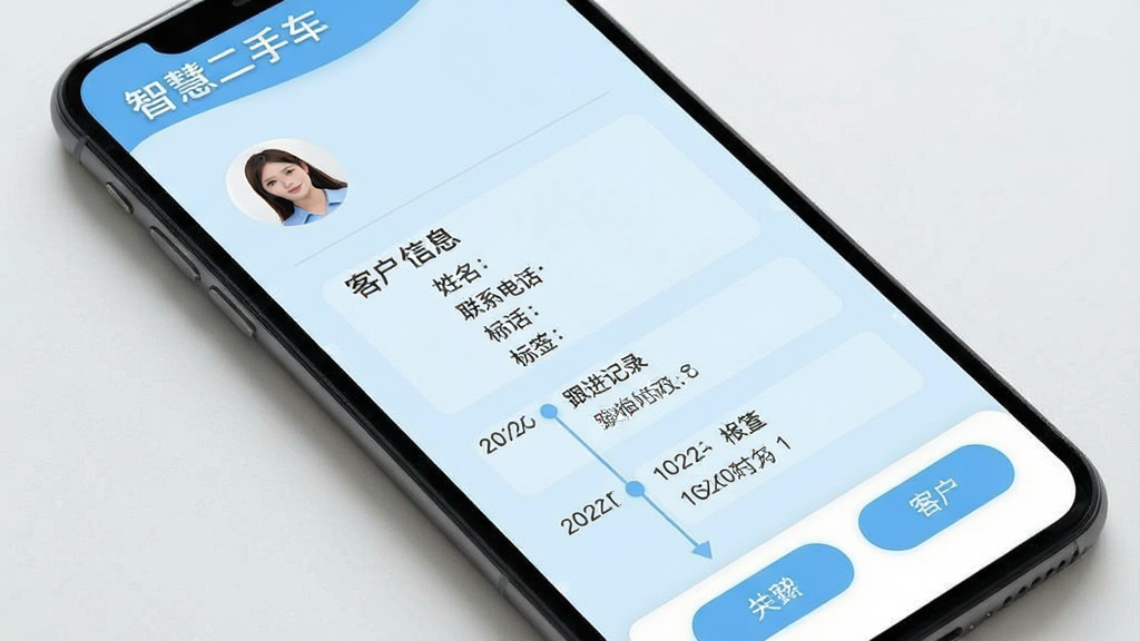 主体:智慧二手车APP的“客户管理”功能界面。布局:界面展示一个客户详情页,包含客户头像、姓名、联系电话、标签以及跟进记录的时间线。排版:信息以垂直时间线形式清晰排列,底部有快捷操作按钮。风格:简约的浅蓝色调,线条流畅,视觉舒适。细节:屏幕一角显示“智慧二手车”字样,客户信息均为示例,画质干净,无多余元素。