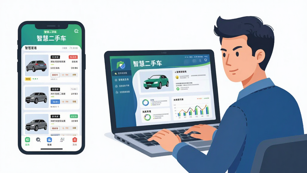 主体:一张关于智慧二手车APP使用场景的插图,展示一位车商老板在手机和电脑前同时管理业务的画面。布局:左侧是手机屏幕,右侧是笔记本电脑屏幕,中间是人物正在操作。排版:画面平衡,两个屏幕中的界面都显示有“智慧二手车”的界面。风格:扁平化商务插画风格,色彩明快。细节:手机和电脑屏幕上显示着车辆列表和数据图表,人物表情专注,画质干净,无多余元素。