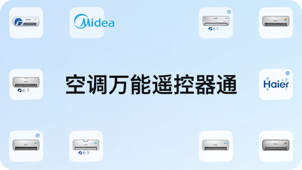 一张展示空调万能遥控器通应用主界面的高清产品图,界面风格简洁现代,中央醒目地显示“空调万能遥控器通”字样,背景为淡蓝色渐变,四周环绕着格力、美的、海尔等空调品牌的小图标,整体布局清晰有序,画质干净,无多余元素