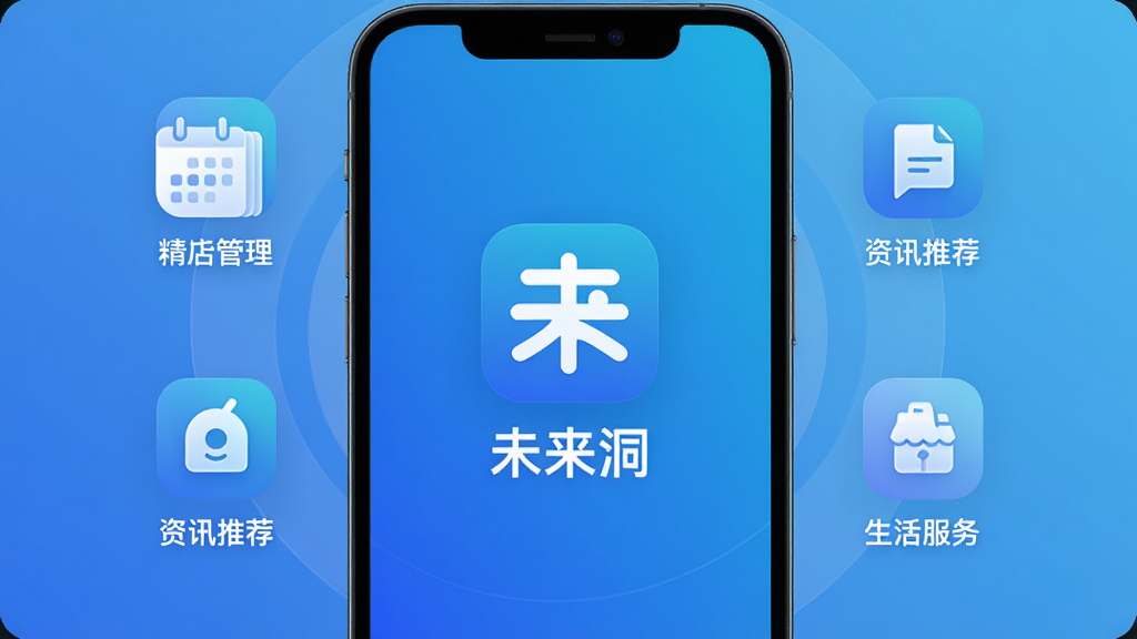 未来洞智能生活助手主界面展示,手机屏幕中央显示未来洞APP的图标与名称,背景为渐变色科技蓝,周围环绕着日程管理、资讯推荐、生活服务等抽象图标,整体风格现代简约,布局清晰,高画质,干净无多余元素