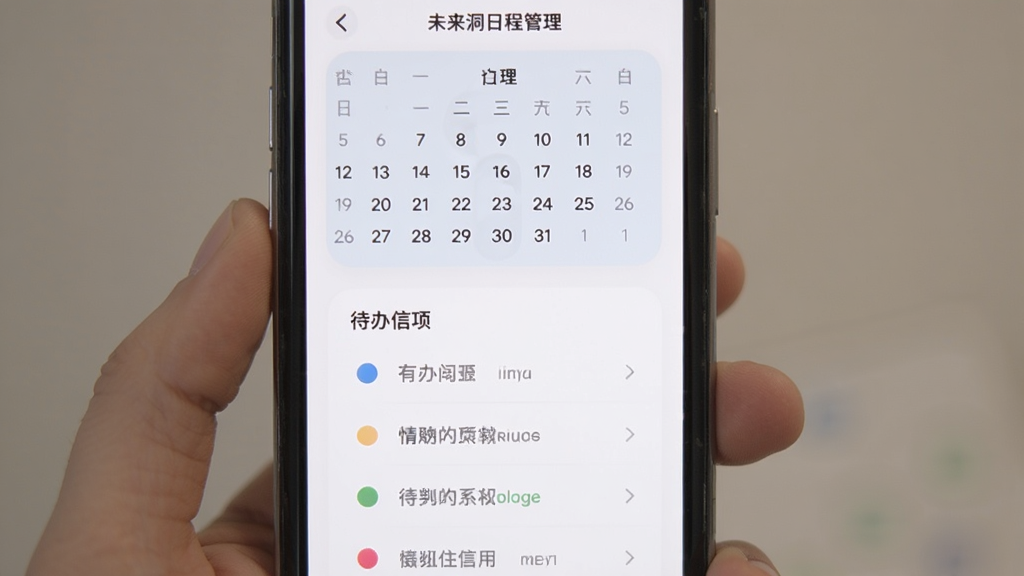 未来洞日程管理界面,手机屏幕上方显示日历视图,下方列出待办事项列表,每个事项前有彩色圆点标记,界面采用卡片式设计,背景为白色,色调柔和,风格简约,画质清晰,无多余元素