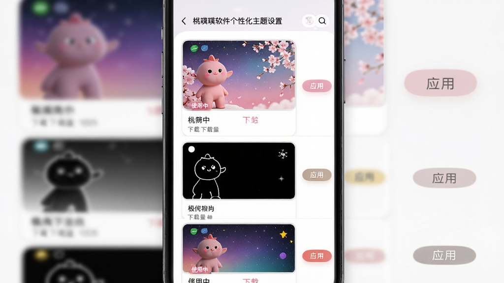 主体:桃噗噗软件的个性化主题设置页面,展示多种聊天主题预览,包括渐变星空、樱花粉、极简黑白等。布局:手机屏幕居中,主题列表竖向排列,每个主题以缩略图卡片形式展示。排版:界面清爽,主题缩略图大而清晰,右侧有“应用”按钮。风格:现代简约,色彩搭配协调,体现个性化。细节:每个主题卡片下方标注名称和下载量,当前应用的主题带有“使用中”标签。画质:4K高清,干净,无多余元素。