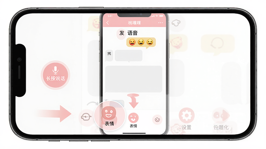 主体:手机屏幕显示桃噗噗的使用界面,展示如何发送语音消息、使用表情包和设置个性化主题。布局:手机居中,屏幕内包含多个功能区域,上方是聊天窗口,下方是工具栏。排版:界面清晰,功能图标均有文字标签,操作步骤以箭头指示。风格:清新简约,粉色系,模拟UI界面。细节:屏幕中显示“长按说话”按钮、“表情”图标和“设置”齿轮图标,突出操作提示。画质:高清,干净,无多余元素。