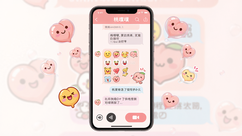 主体:一款名为“桃噗噗”的社交聊天软件界面,手机屏幕显示可爱的桃粉色主题,聊天窗口内有丰富的表情包和动态贴纸,底部有语音和视频通话按钮。布局:手机居中,屏幕内容清晰可见,周围有漂浮的桃心气泡和卡通笑脸元素。排版:手机屏幕正面展示,UI界面简洁明了,功能图标排列整齐。风格:清新可爱,粉色系,卡通插画风,明亮通透。细节:屏幕中聊天气泡颜色柔和,表情包活泼有趣,整体氛围温馨愉悦。画质:4K高清,干净,无多余元素。