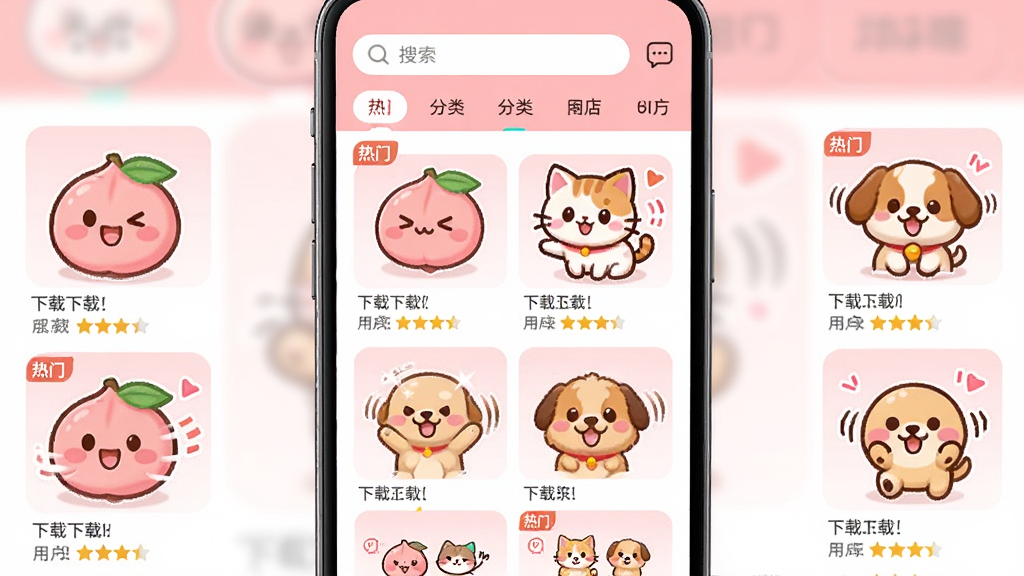 主体:桃噗噗软件的表情包商店界面,展示多款原创动态贴纸,包括卡通桃子、小猫、小狗等形象,每个贴纸都带有动态效果。布局:手机界面居中,表情包以网格形式排列,上方有搜索栏和分类标签。排版:界面清晰,表情包图标大而醒目,色彩鲜艳。风格:可爱卡通,动态效果炫酷,粉色主调。细节:每个表情包下方显示下载次数和用户评价,部分贴纸带有“热门”标签。画质:高清渲染,干净,无多余元素。