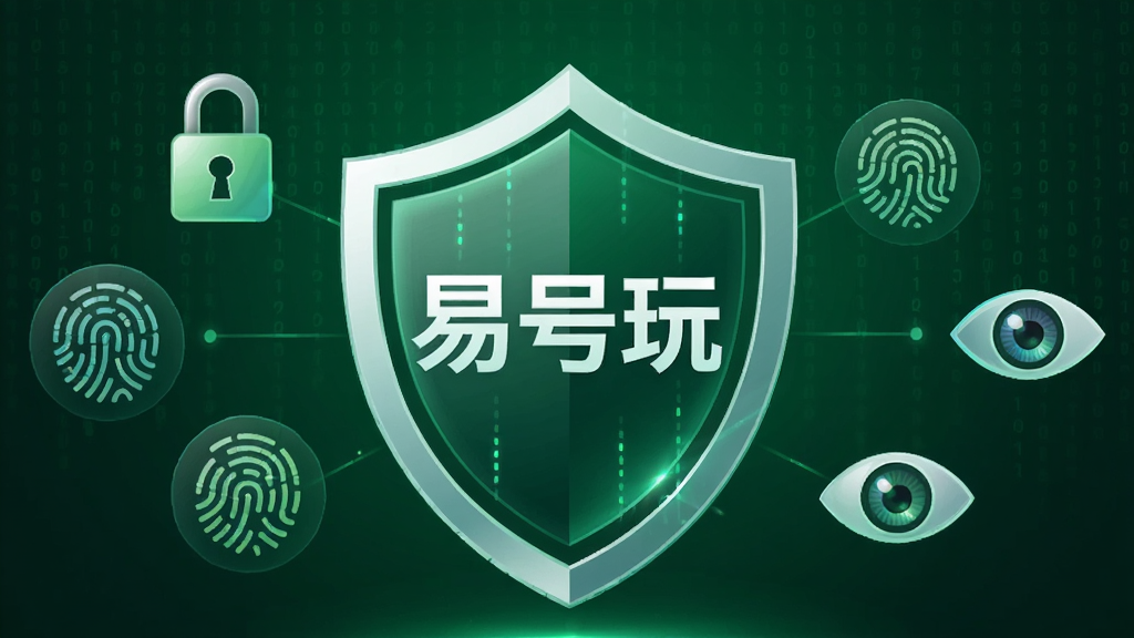 易号玩安全防护功能示意图,画面中央是一个盾牌图标,内部有“易号玩”字样,盾牌周围环绕着锁、指纹、眼睛等安全元素,背景为深绿色渐变,有微弱的数字代码雨效果,整体布局居中,风格科技感强,细节丰富,画质干净,无多余元素