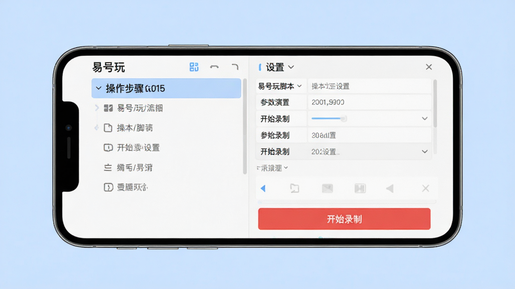 易号玩脚本录制功能演示图,画面展示一个手机屏幕,屏幕内是易号玩的脚本编辑界面,左侧为操作步骤列表,右侧为参数设置面板,底部有“开始录制”红色按钮,背景为浅蓝色纯色,整体排版简洁,风格干净明亮,细节清晰,画质高,无多余元素