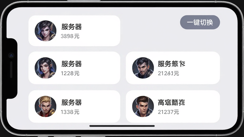 易号玩多账号管理界面截图,画面展示一个手机屏幕,屏幕内是易号玩的账号列表页面,每个账号卡片显示游戏头像、角色名和服务器名称,右上角有“一键切换”按钮,背景为浅灰色纯色,卡片采用圆角设计,整体排版整齐,风格简洁清新,细节清晰,画质干净,无多余元素