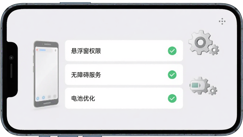 易号玩使用指南配图,画面展示一部手机横屏,屏幕内是易号玩的设置界面,显示“悬浮窗权限”“无障碍服务”“电池优化”等选项,旁边有打勾标记,背景为浅灰色,有手机和齿轮图标装饰,整体布局居中,排版清晰,风格简洁,画质干净,无多余元素