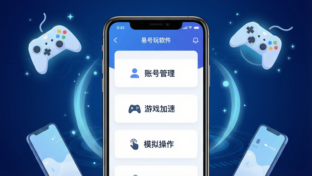 易号玩软件主界面展示图,画面中央为手机屏幕模型,屏幕内显示易号玩APP的简洁功能列表,包含“账号管理”“游戏加速”“模拟操作”等按钮,背景为深蓝色科技感渐变,四周有漂浮的淡蓝色光效和游戏手柄、手机等元素,整体布局居中对称,排版清晰,风格偏现代扁平化,细节丰富,画质清晰干净,无多余元素