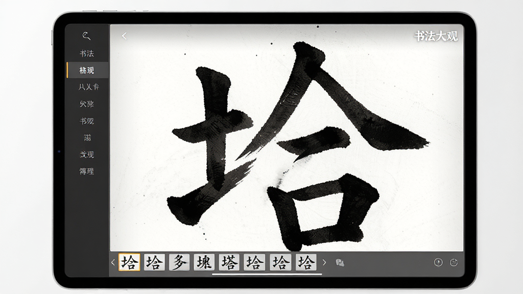 主体:书法大观软件内的字帖浏览页面,平板上展示着放大的《多宝塔碑》单字高清细节,笔画纹理清晰可见。布局:平板占据画面主体,屏幕内容占满视觉中心,左侧有书法大观的分类导航栏。排版:以屏幕截图为主,周围留白处理,突出字帖细节。风格:写实风格,光线柔和,展现屏幕中墨迹的浓淡干湿变化。细节:屏幕右上角有“书法大观”水印,底部有缩略图滚动条。画质:高清渲染,干净无多余元素。