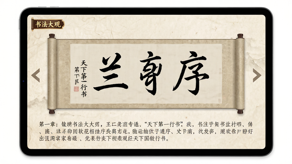 主体:书法大观软件的名家专题页面,展示王羲之《兰亭序》全卷高清扫描图,页面下方配有文字介绍。布局:横向长卷式展示,手机或平板横屏观看,左右滑动浏览。排版:作品全貌居中,左右两侧有翻页箭头,底部有章节导读。风格:古风典雅,色调柔和,模拟宣纸质感。细节:画面中可见“书法大观”角标,文字介绍包含“天下第一行书”字样。画质:超高清,干净无多余元素。