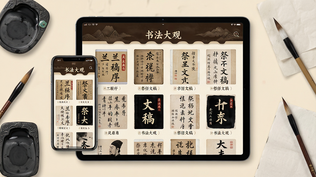 主体:书法大观软件主界面,展示在平板电脑和手机屏幕上,屏幕中显示历代书法名帖的高清缩略图,界面风格古典雅致。布局:以手机和平板为中心,周围环绕着毛笔、砚台、宣纸等书法元素,产品界面清晰可见。排版:产品界面置于视觉中心,书法元素点缀四周,形成对称式构图。风格:融合现代科技感与传统水墨风,色彩以米黄、深棕、墨黑为主,体现文化底蕴。细节:界面上的文字标签清晰显示“书法大观”字样,字帖缩略图包含《兰亭序》《祭侄文稿》等名作。画质:8K超清,干净无多余元素。