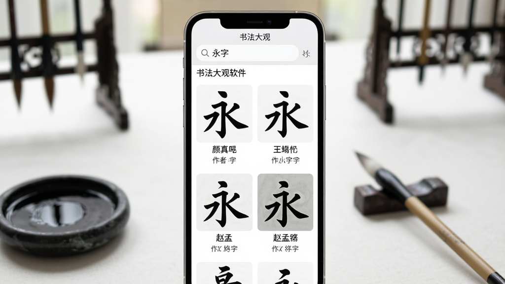 主体:书法大观软件的书法字典查询结果界面,手机屏幕上显示“永”字在不同书体下的多种写法,每个字形下方标注作者与出处。布局:手机居中,屏幕内容清晰展示,周围配以毛笔、墨碟等文房用具。排版:手机屏幕为视觉焦点,背景虚化处理。风格:简洁明亮,突出查询结果的清晰度。细节:屏幕上方搜索框显示“永”字,结果列表包含颜真卿、王羲之、赵孟等名家写法。画质:4K高清,干净无多余元素。