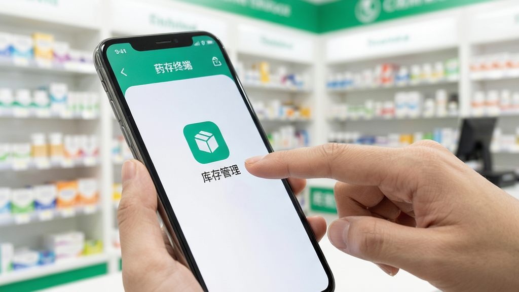 药终端APP在手机上运行的使用场景,用户手指点击屏幕上的库存管理图标,背景为药店货架,画面明亮,细节自然,干净无多余元素
