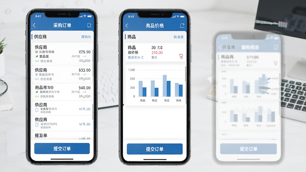 药终端APP的采购订单页面,展示供应商列表和商品价格,屏幕底部有“提交订单”按钮,界面简洁,数据图表清晰,采用商务蓝风格,细节丰富,画质干净,无多余元素