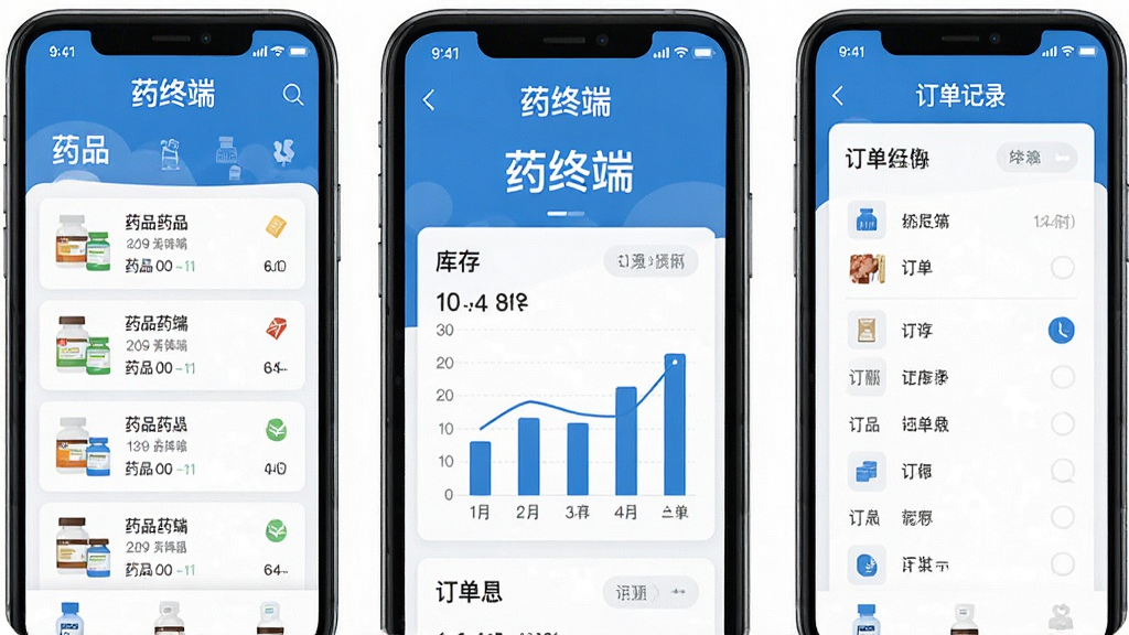 主体为智能手机屏幕展示药终端APP主界面,界面包含药品列表、库存图表和订单记录,布局清晰,采用蓝白配色,扁平化设计风格,细节丰富,画质高清,干净无多余元素,屏幕上显示“药终端”字样