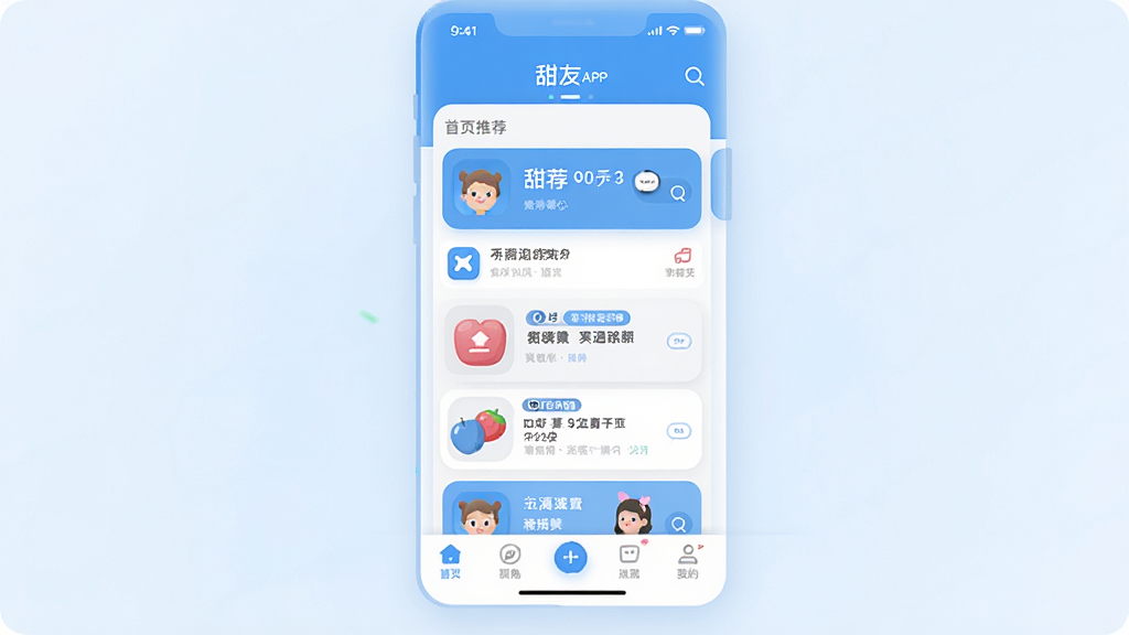 甜友APP主界面预览图,展示首页推荐列表与底部导航栏,清新蓝白配色,现代扁平化设计风格,界面整洁,图标圆润,文字清晰,画质高清,干净无多余元素