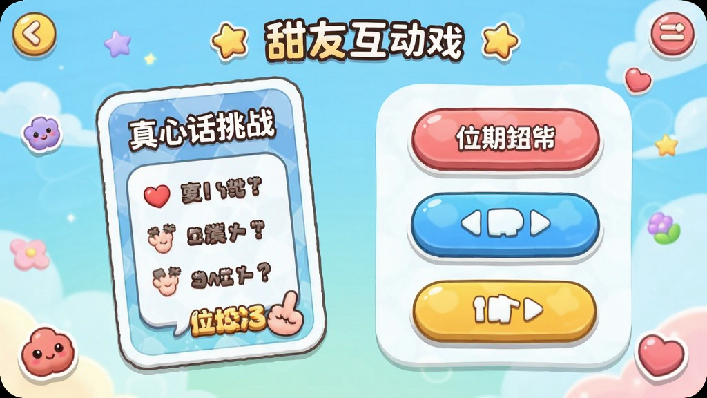 甜友互动游戏界面预览,展示“真心话挑战”卡片与互动按钮,可爱卡通风格,色彩活泼,界面友好,画质干净