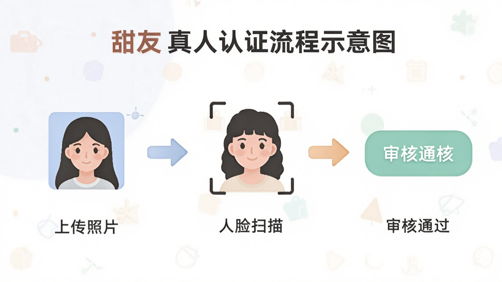 甜友真人认证流程示意图,包含上传照片、人脸扫描、审核通过等步骤,图标化设计,简洁明快,色彩柔和,画质清晰