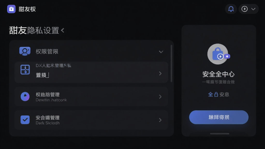 甜友隐私设置界面,展示权限管理选项与安全中心入口,深色模式UI,图标清晰,布局合理,画质高清