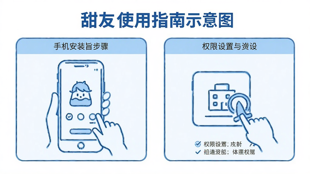 甜友使用指南示意图,展示手机安装步骤和权限设置,简洁线条风格,蓝色主调,画质清晰