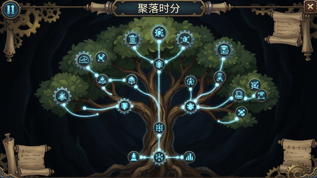 展示《聚落时分》策略性科技树的游戏截图。主体是一棵枝繁叶茂的科技树界面,以淡蓝色光点串联起各个科技节点。布局为树状结构,从底部的基础科技延伸至顶部的尖端科技,部分节点已点亮。风格为科幻与复古结合的UI设计,背景深邃,细节包含齿轮、卷轴等元素。画质清晰,干净无多余元素。