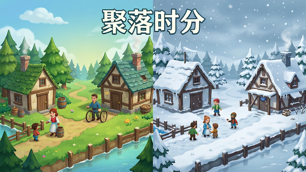 一张《聚落时分》游戏动态时节系统的预览图。主体是同一片聚落在四季更迭下的对比画面,左右分屏展示夏季绿意盎然与冬季白雪皑皑的景象。布局为对称式,上方有游戏标题“聚落时分”字样。风格为清新的2D插画,色彩过渡自然,细节表现不同季节下居民衣着与建筑的变化。画质细腻,干净无多余元素。
