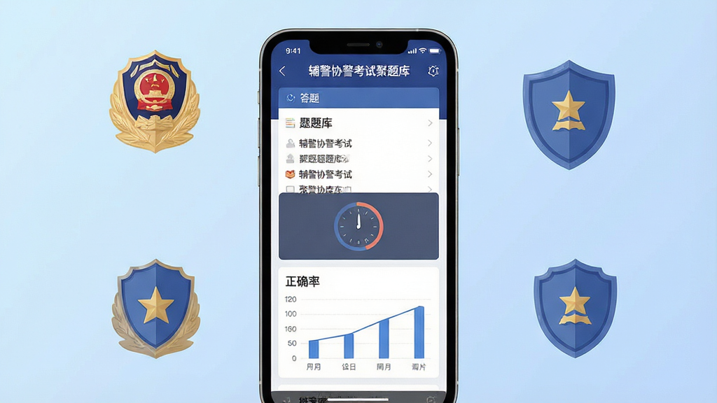 一幅现代扁平化风格的手机应用宣传图,主视觉为一部智能手机屏幕,屏幕内显示“辅警协警考试聚题库”应用界面,界面包含题库列表、答题计时器、正确率统计图表等元素,背景为浅蓝色渐变,搭配警徽、盾牌等公安元素,整体布局居中,排版简洁清晰,风格专业可靠,画质高清干净,无多余元素