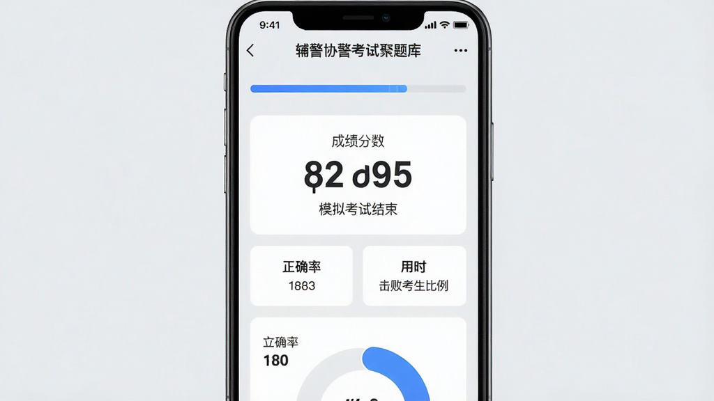 一幅手机竖屏截图,展示“辅警协警考试聚题库”的模拟考试结束页面,页面中央显示大大的成绩分数,下方是正确率、用时、击败考生比例等数据卡片,背景为淡灰色,配有蓝色进度条与环形统计图,整体风格现代简约,排版清晰,画质干净高清