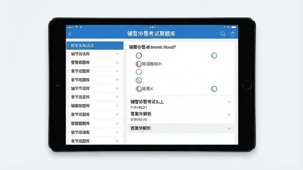 一张高清截图预览图,画面为平板电脑横屏展示“辅警协警考试聚题库”的章节练习界面,左侧是知识点列表,右侧是选择题与答案解析区域,界面以蓝白配色为主,排版整齐,文字清晰,风格简洁实用,画质细腻干净,突出题库的丰富与专业