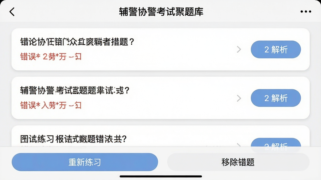 一张应用内截图,画面显示“辅警协警考试聚题库”的错题本界面,列表中有多道错题卡片,每张卡片显示题目摘要、错误次数与解析按钮,底部有“重新练习”“移除错题”等操作按钮,界面采用卡片式设计,圆角阴影,浅色背景,风格清爽整洁,画质高清