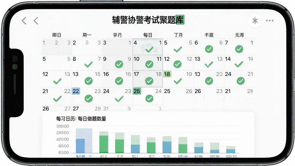 一张手机截图,画面为“辅警协警考试聚题库”的学习日历页面,日历上多个日期有绿色打卡标记,页面下方是每日做题数量柱状图,背景为白色,风格简约清新,排版整齐,画质清晰