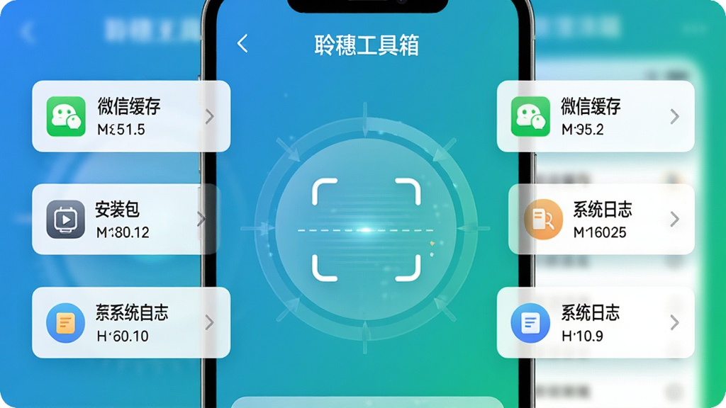 手机界面展示“聆穗工具箱”的垃圾清理功能,屏幕中央有一个大型圆形扫描动画,周围列出“微信缓存”、“安装包”、“系统日志”等清理项目及大小,界面以蓝绿色渐变为主,背景虚化处理,突出主体,画面明亮清晰,现代感强,画质干净,无多余元素