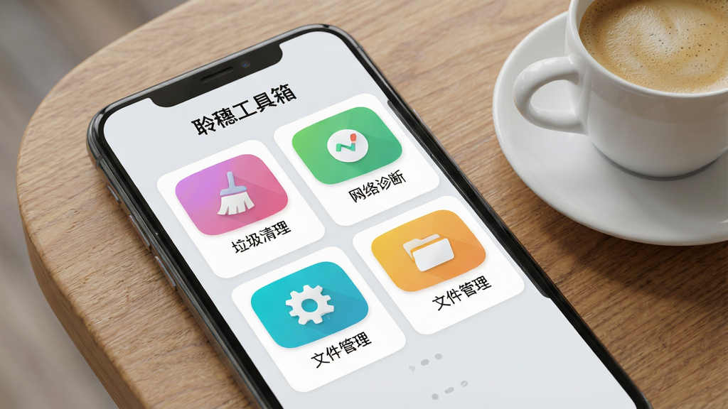 一张智能手机屏幕的特写,屏幕中清晰显示“聆穗工具箱”主界面,采用卡片式布局,包含“垃圾清理”、“网络诊断”、“文件管理”等彩色功能图标,界面简洁明亮,背景为浅灰色,手机斜放于木质桌面,旁边有一杯咖啡,整体风格干净整洁,高清渲染,画质清晰,无多余元素