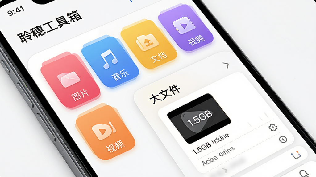 手机屏幕显示文件管理界面,“聆穗工具箱”将文件分为图片、音乐、文档、视频等彩色卡片,点击“大文件”卡片后展示一个1.5GB的视频文件详情,界面采用列表与卡片结合形式,白色背景搭配圆角设计,视觉清爽,画质细腻,无多余元素